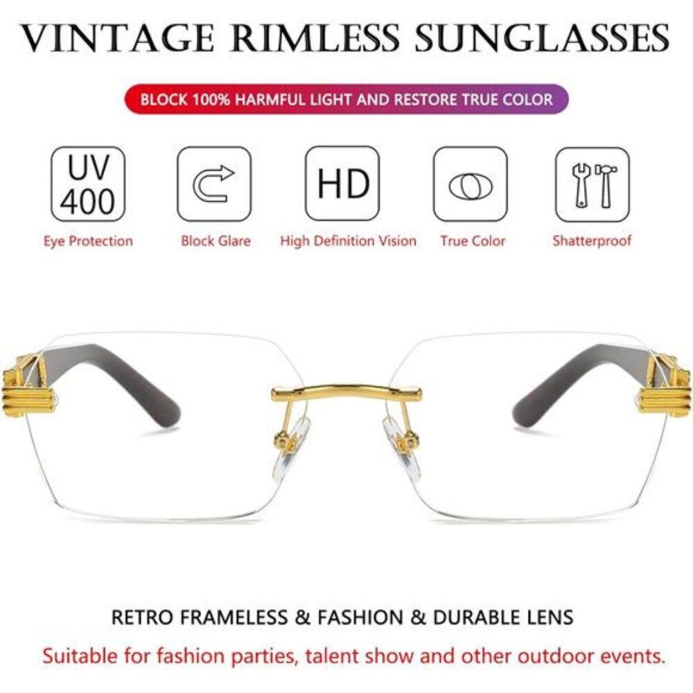Retro Rimless Sunglasses Rectangle Unisex Vintage Frameless Sun Glasses - Picture 2 of 7